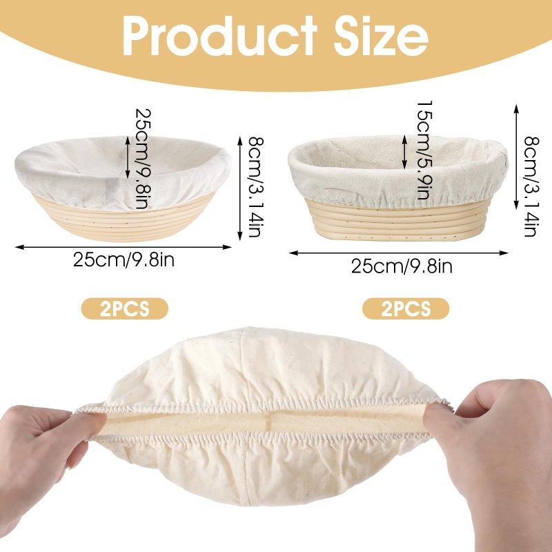 Classicseali 4Pcs Banneton Liners, 10In Cloth Bowl Covers for Bread Proofing,Reusable Natural Rattan Banneton Liner Cloth Cover for Bakery Home Baking, 2 Round & 2 Oval Sourdough Proofing Covers - Image 3