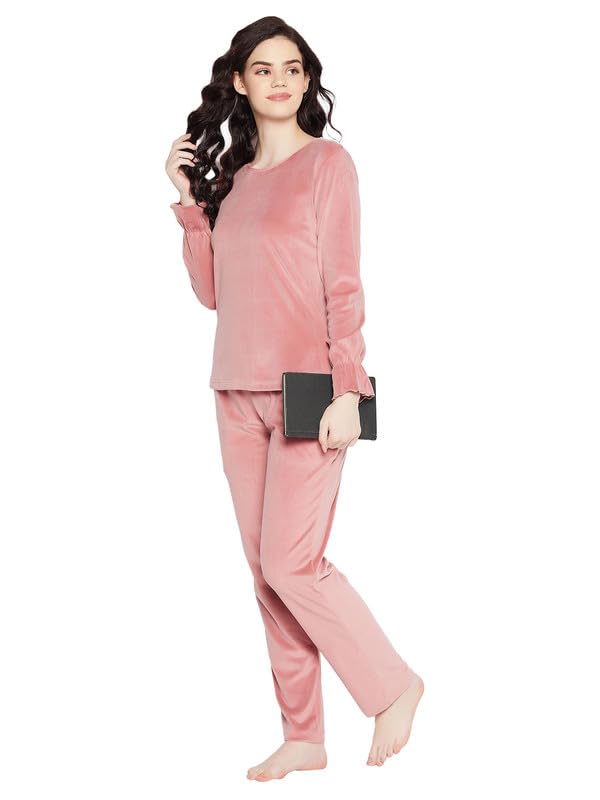 Clovia Women's Velour Solid Top & Pyjama Set (LSW682R22_Pink_M) - Image 2