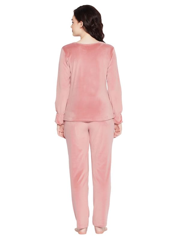 Clovia Women's Velour Solid Top & Pyjama Set (LSW682R22_Pink_M) - Image 5