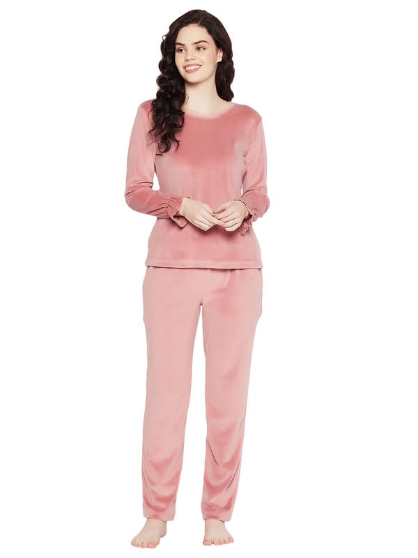 Clovia Women's Velour Solid Top & Pyjama Set (LSW682R22_Pink_M) - Image 1