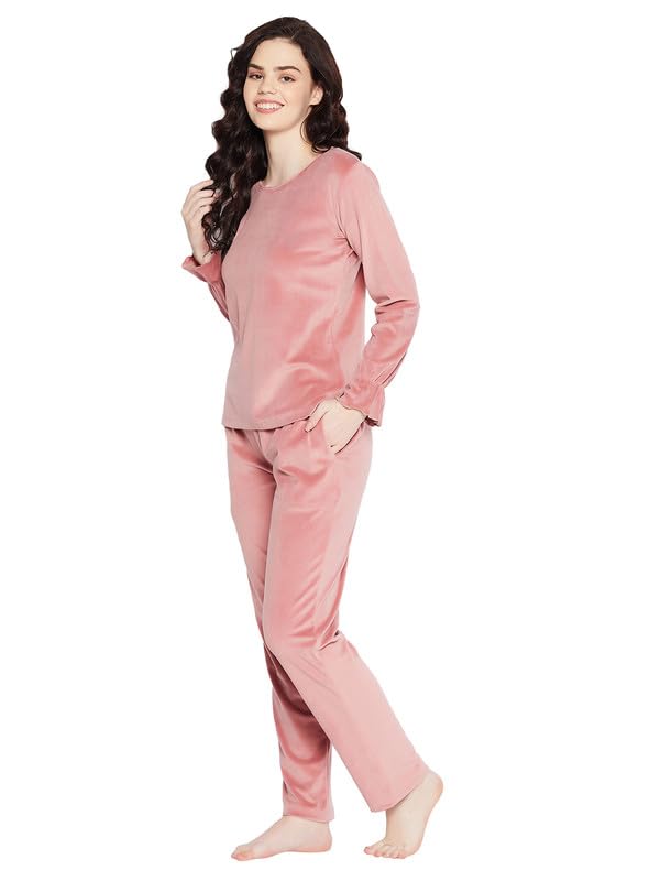 Clovia Women's Velour Solid Top & Pyjama Set (LSW682R22_Pink_M) - Image 3