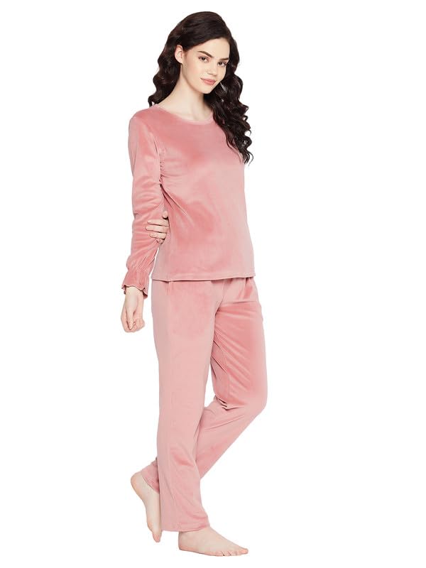 Clovia Women's Velour Solid Top & Pyjama Set (LSW682R22_Pink_M) - Image 4