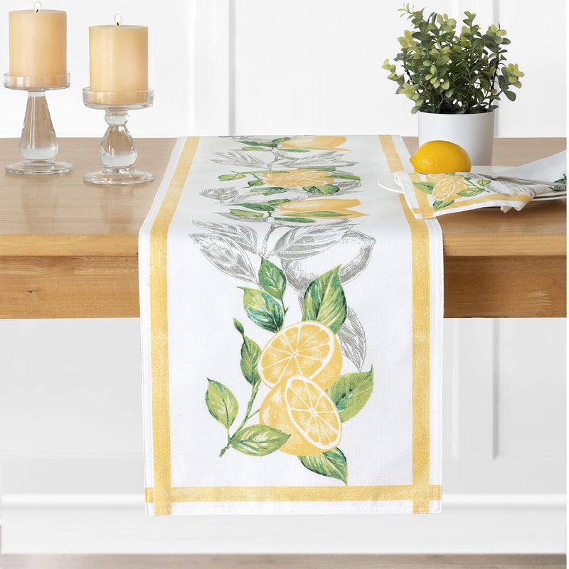Newbridge Rectangle Fabric Table Runner 70 Inch Long Lemon Orchard IndoorOutdoor Stain Resistant NoIron Fabric Table Runner Fresh Lemon and Citrus Leaf