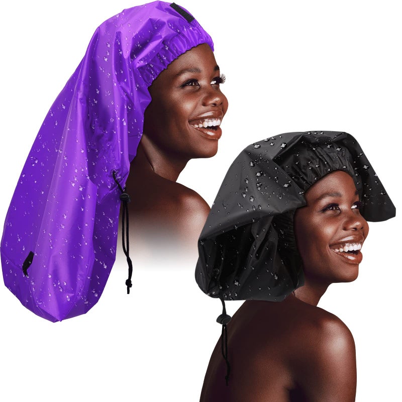 SATINIOR Braid Shower Cap Large Shower Cap Jumbo Shower Cap for Braid Adjustable and Foldable Braid Shower Cap with Drying Loop Extra Big Plastic Shower Cap for Long Curly Hair Braids (Black  Purple) - Image 1