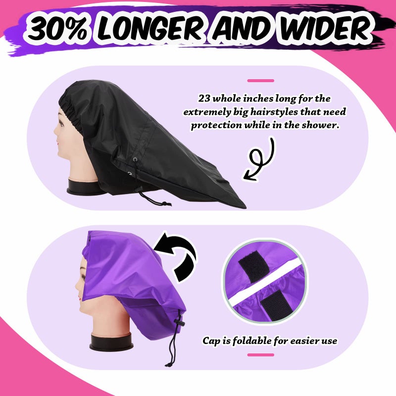 SATINIOR Braid Shower Cap Large Shower Cap Jumbo Shower Cap for Braid Adjustable and Foldable Braid Shower Cap with Drying Loop Extra Big Plastic Shower Cap for Long Curly Hair Braids (Black  Purple) - Image 4
