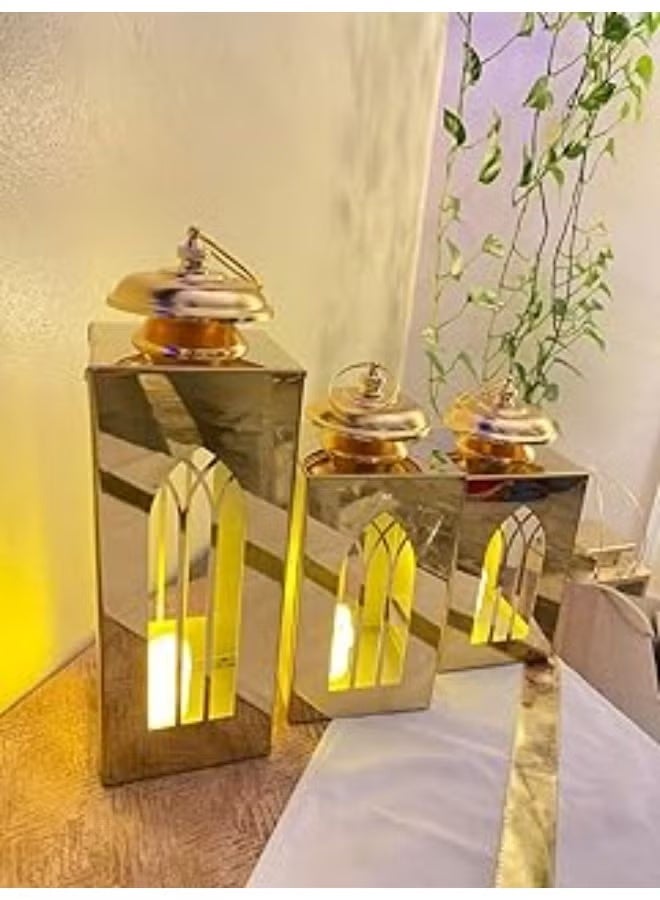 Ramadan Lanterns Gold Color Stainless Different Sizes Very Elegant Ramadan Decor Set of 3 Ajam 25,30,35 cm with 3 Gold Decorative Wax - Image 2
