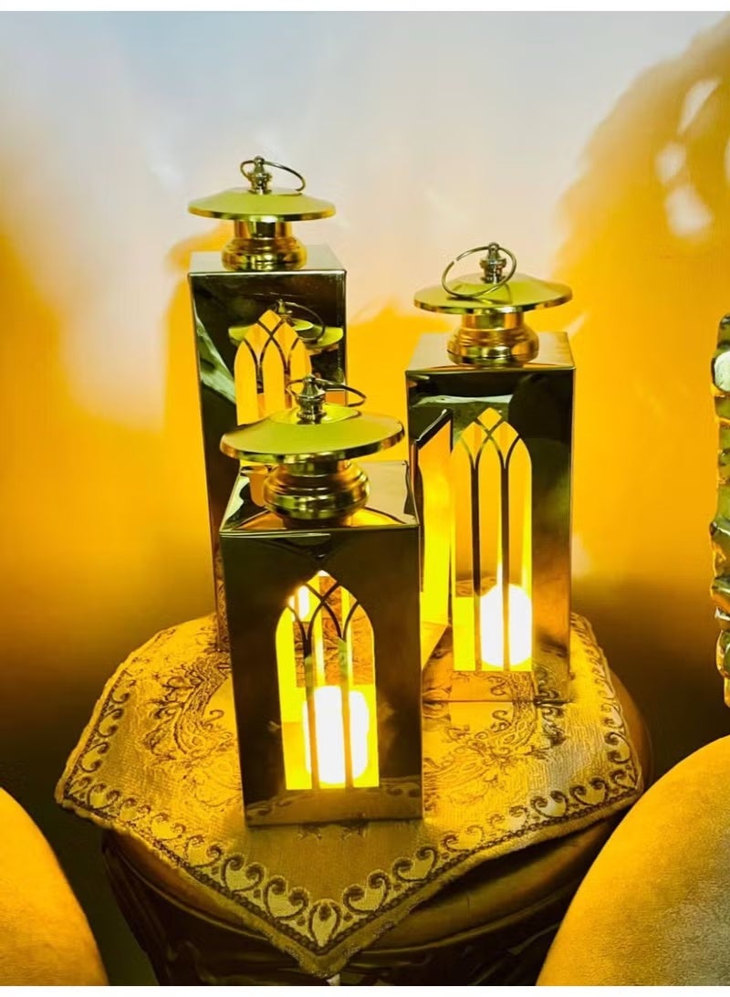 Ramadan Lanterns Gold Color Stainless Different Sizes Very Elegant Ramadan Decor Set of 3 Ajam 25,30,35 cm with 3 Gold Decorative Wax - Image 3