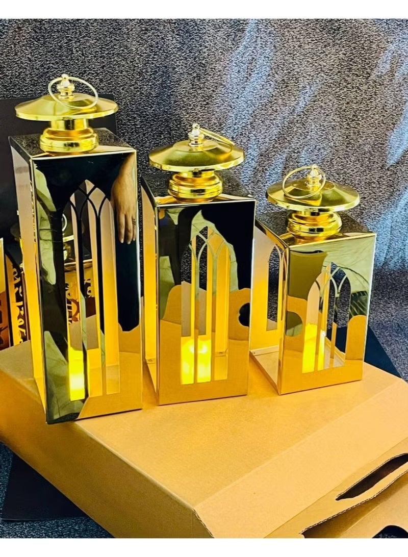 Ramadan Lanterns Gold Color Stainless Different Sizes Very Elegant Ramadan Decor Set of 3 Ajam 25,30,35 cm with 3 Gold Decorative Wax - Image 4