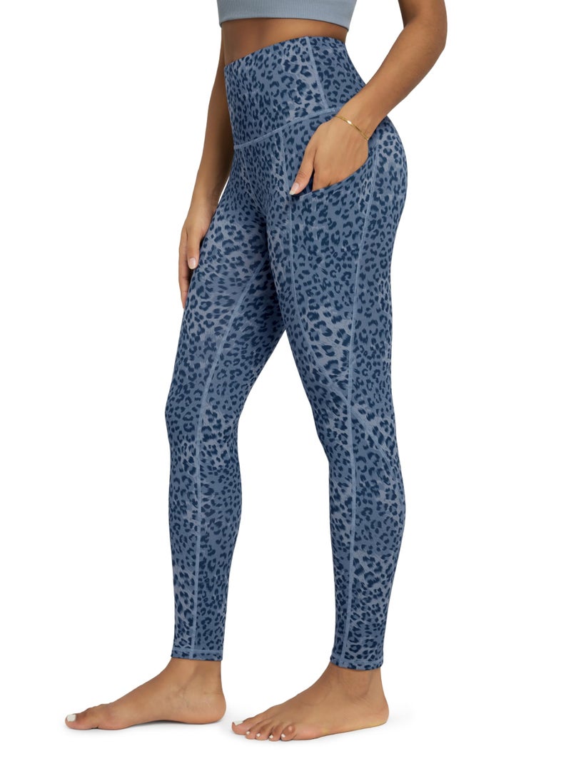 ODODOS Women's High Waisted Full Length Yoga Leggings with Pockets, 28" Inseam Tummy Control Non See Through Workout Athletic Running Yoga Pants, Blue Leopard, Large - Image 1