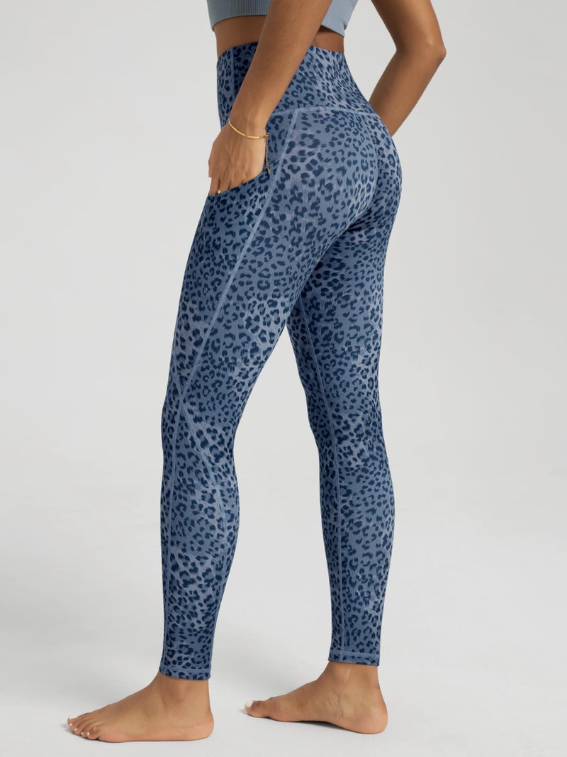 ODODOS Women's High Waisted Full Length Yoga Leggings with Pockets, 28" Inseam Tummy Control Non See Through Workout Athletic Running Yoga Pants, Blue Leopard, Large - Image 3