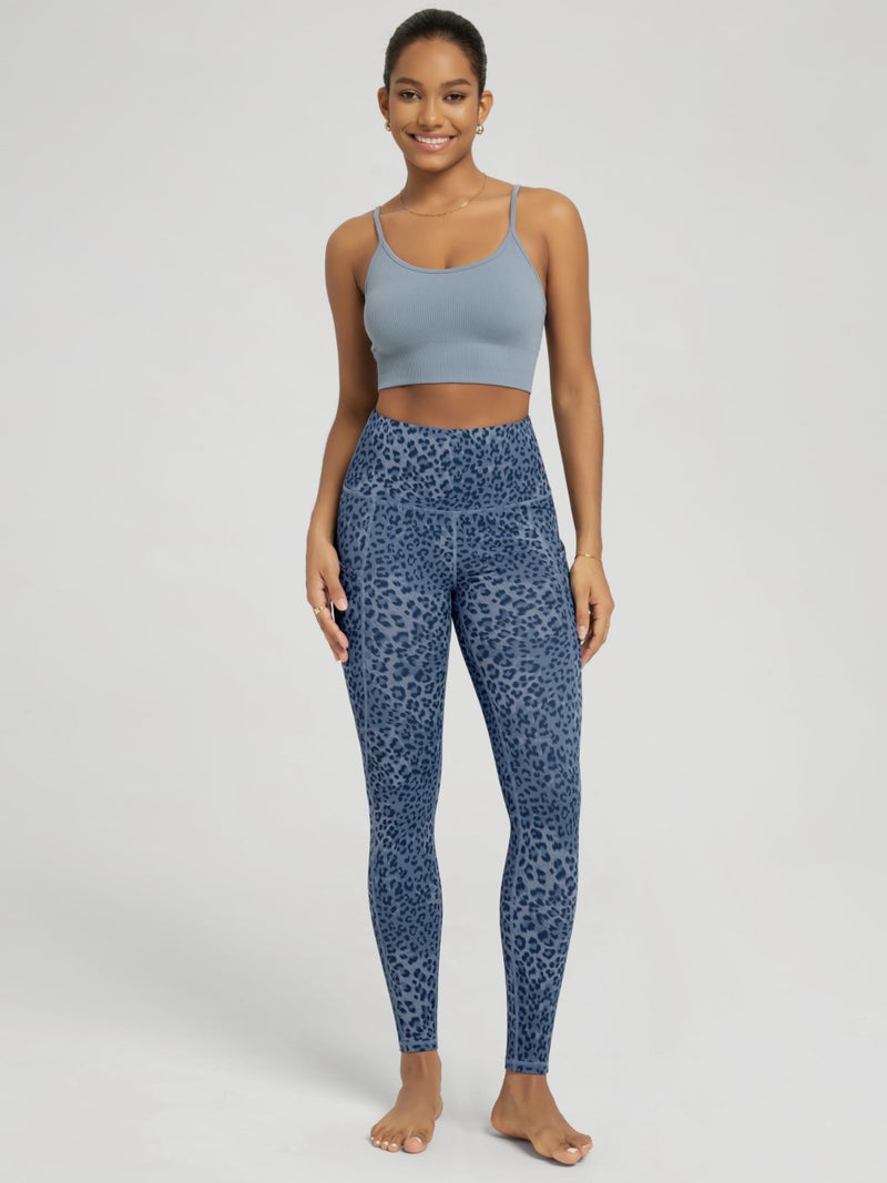 ODODOS Women's High Waisted Full Length Yoga Leggings with Pockets, 28" Inseam Tummy Control Non See Through Workout Athletic Running Yoga Pants, Blue Leopard, Large - Image 4