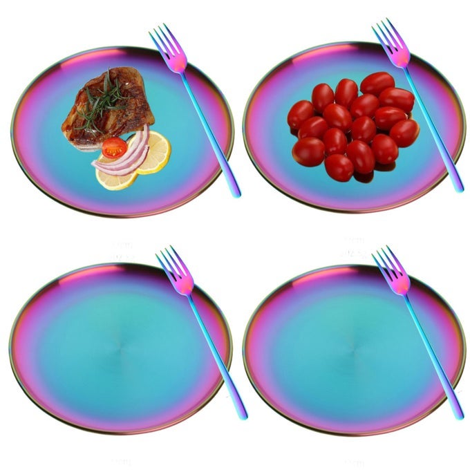 RAINBOW STAINLESS STEEL DINNER PLATES SET WITH FORK SET OF 8 COLORFUL METAL DESSERT SALAD PLATES FOR EATING DINNER CAMPING UNBREAKABLE AND REUSABLE KIDS PLATTER INDIAN DISHWASHER SAFE