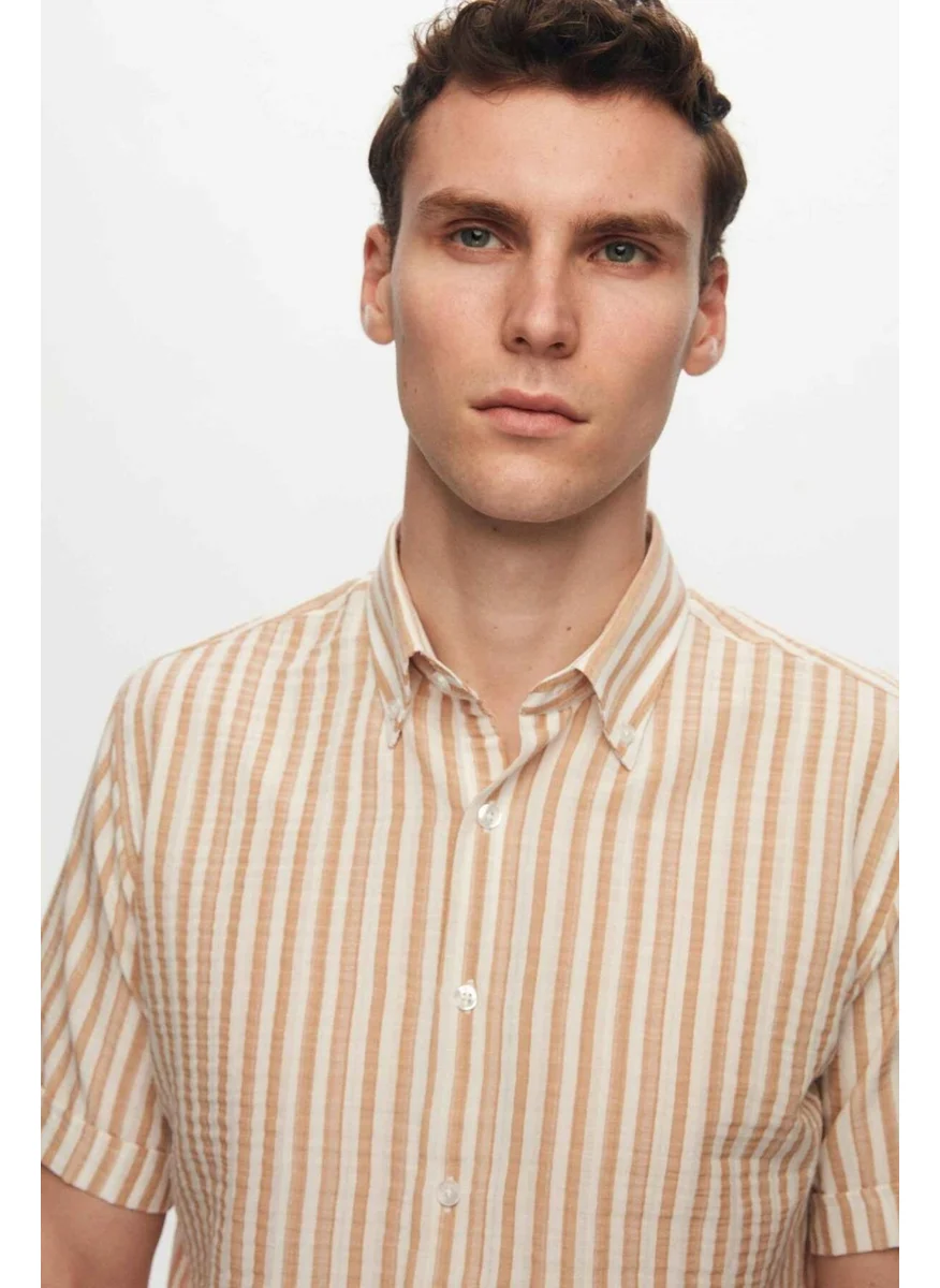 D'S DAMAT Slim Fit Beige Seersucker Striped Short Sleeve Summer Shirt 8HC02ORT04265