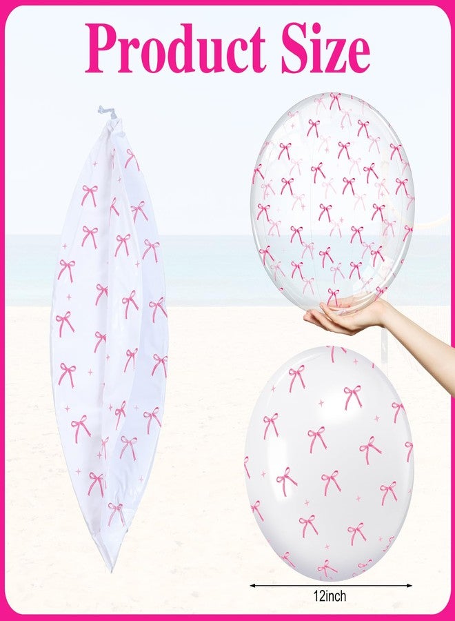 Vertintong 6 Pcs Pink Bow Beach Ball Bulk Coquette Party Inflatable Ball Blow up White and Transparent Bottom for Summer Swimming Pool Hawaiian Tropical Party Decorations Favors (12 Inch) - Image 2