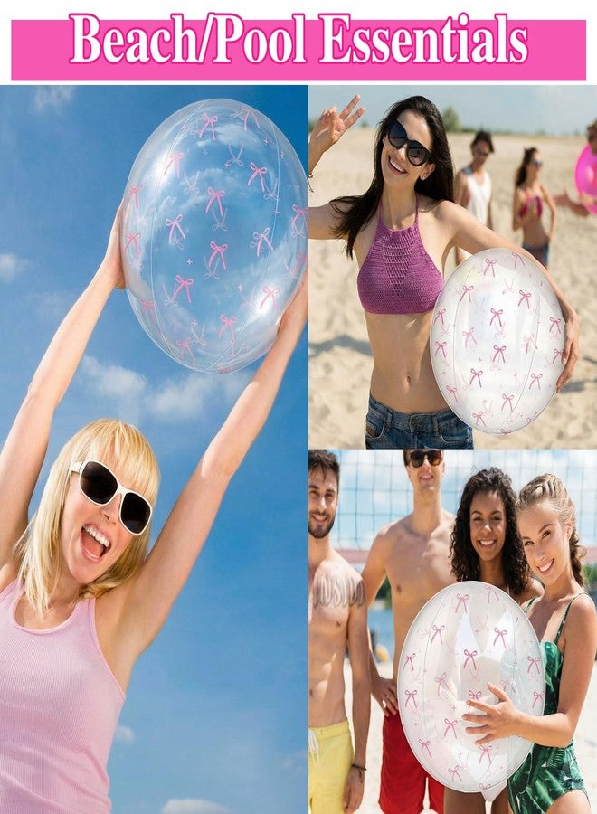 Vertintong 6 Pcs Pink Bow Beach Ball Bulk Coquette Party Inflatable Ball Blow up White and Transparent Bottom for Summer Swimming Pool Hawaiian Tropical Party Decorations Favors (12 Inch) - Image 5