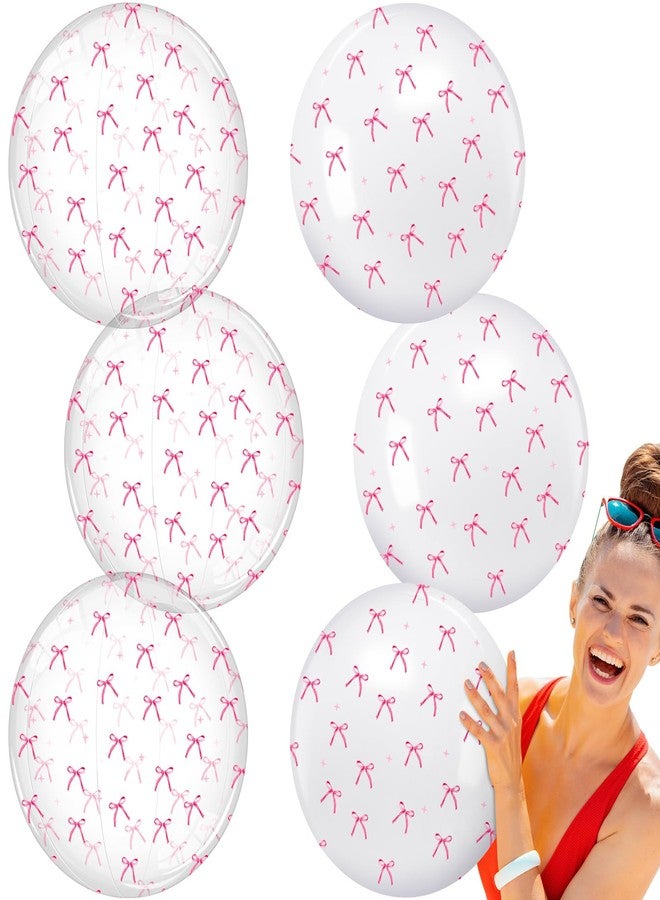 Vertintong 6 Pcs Pink Bow Beach Ball Bulk Coquette Party Inflatable Ball Blow up White and Transparent Bottom for Summer Swimming Pool Hawaiian Tropical Party Decorations Favors (12 Inch) - Image 1
