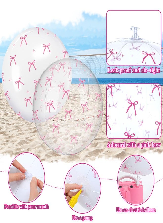 Vertintong 6 Pcs Pink Bow Beach Ball Bulk Coquette Party Inflatable Ball Blow up White and Transparent Bottom for Summer Swimming Pool Hawaiian Tropical Party Decorations Favors (12 Inch) - Image 3