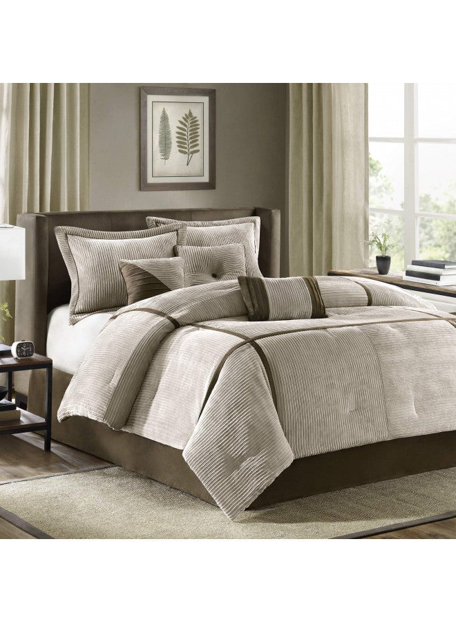 madison park Madison Park Cozy Comforter Set Casual Blocks Design All Season, Matching Bed Skirt, Decorative Pillows, Queen(90"x90"), Dallas Corduroy, Taupe Brown, 7 Piece - Image 1
