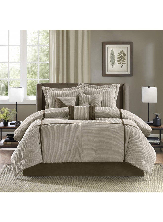 madison park Madison Park Cozy Comforter Set Casual Blocks Design All Season, Matching Bed Skirt, Decorative Pillows, Queen(90"x90"), Dallas Corduroy, Taupe Brown, 7 Piece - Image 3