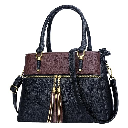KKXIU 3 Zippered Compartments Purses and Handbags for Women Vegan Leather Ladies Multi Pocket Satchel Bags (D-Black Wine) - Image 1