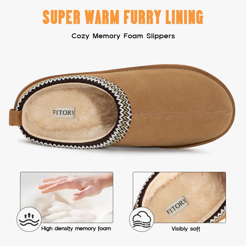 FITORY Menâ€™s Winter Genuine Leather Slippers, Comfy Memory Foam Suede Shoes with Warm Fleece-Lined for Indoor and Outdoor Chestnut Size 10 - Image 4
