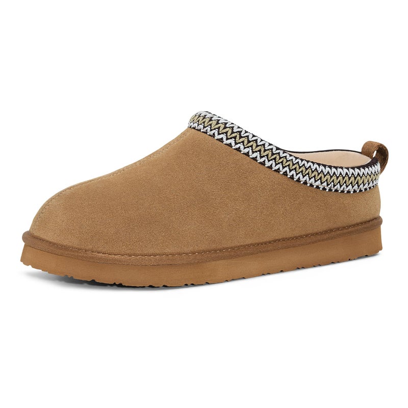 FITORY Menâ€™s Winter Genuine Leather Slippers, Comfy Memory Foam Suede Shoes with Warm Fleece-Lined for Indoor and Outdoor Chestnut Size 10 - Image 1