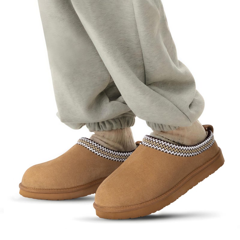 FITORY Menâ€™s Winter Genuine Leather Slippers, Comfy Memory Foam Suede Shoes with Warm Fleece-Lined for Indoor and Outdoor Chestnut Size 10 - Image 2