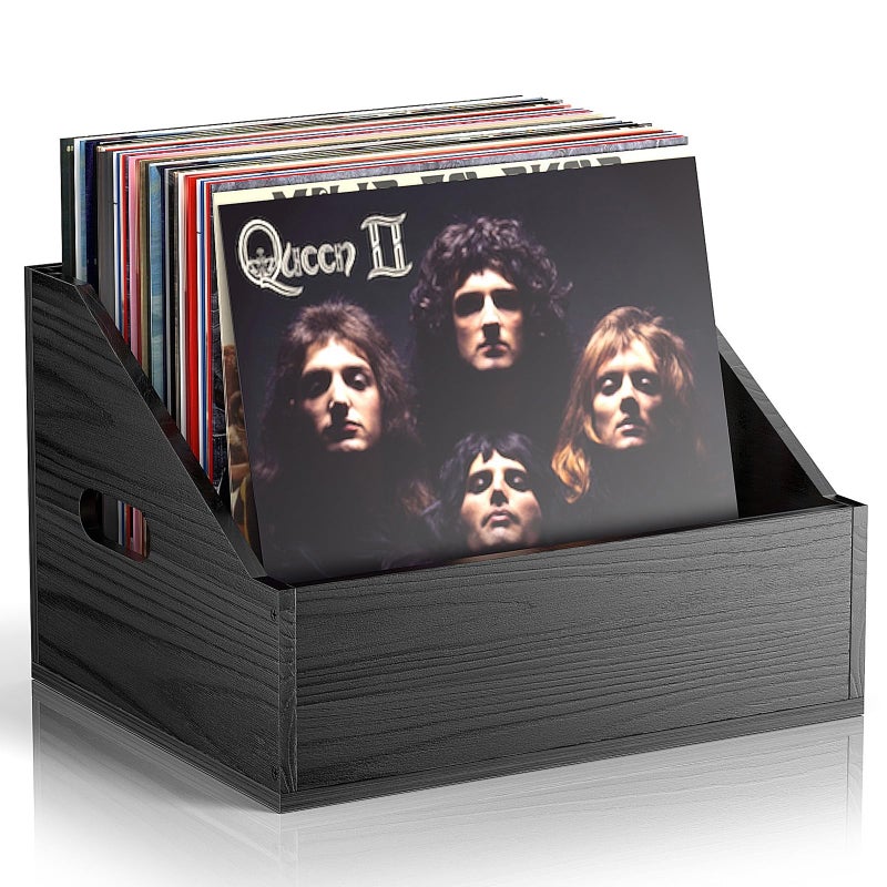Vecxoty Wood Vinyl Record Storage, Retro & Durable Vinyl Crate and Record Holder, Album Storage Record Case Box for 60+ Records, Perfect Record Organizer for Home Decor and Collection Display(Black) - Image 1