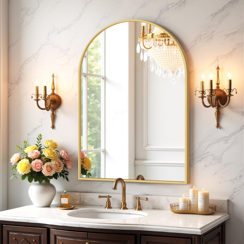 Atilioo Bathroom Mirror for Wall, 30x20 Inch Arched Mirror, Matte Gold Metal Framed Bathroom Vanity Mirror for Restroom Farmhouse, Anti-Rust, Tempered Glass, Hanging or Leaning - Image 1