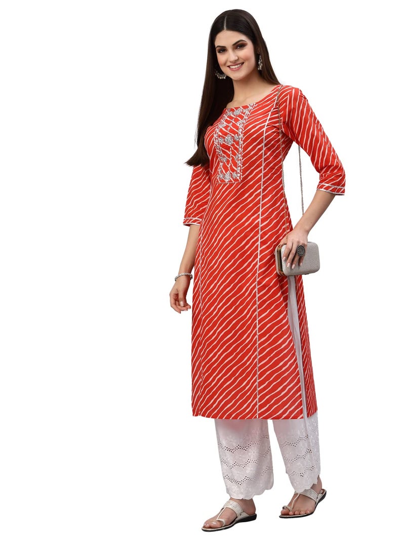 Stylum Women's Lehariya Printed Cotton Straight Kurta Orange - Image 1