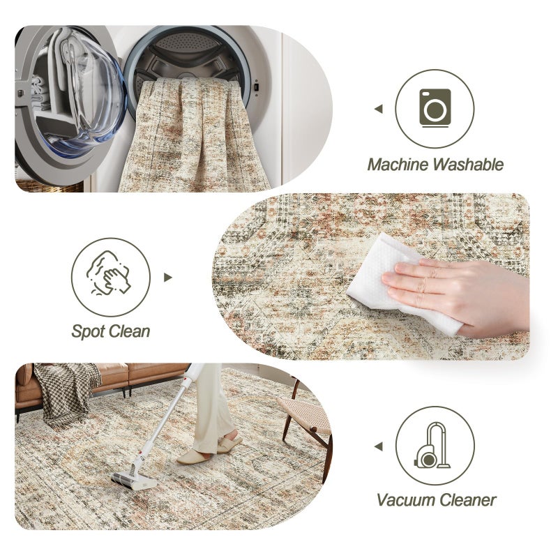 Soalmost 5x7 Area Rugs Brown Pink Low Pile Indoor Washable Trendy Faded Style Rugs for Bedroom Living Room Dining Room Foldable Non-Slip Thin Print Mat - Image 5