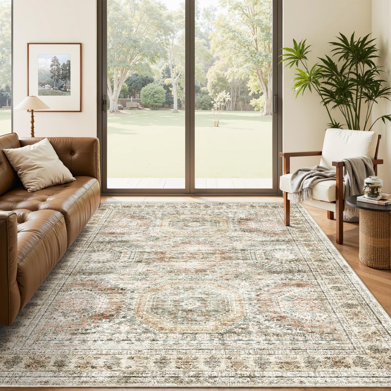 Soalmost 5x7 Area Rugs Brown Pink Low Pile Indoor Washable Trendy Faded Style Rugs for Bedroom Living Room Dining Room Foldable Non-Slip Thin Print Mat - Image 1