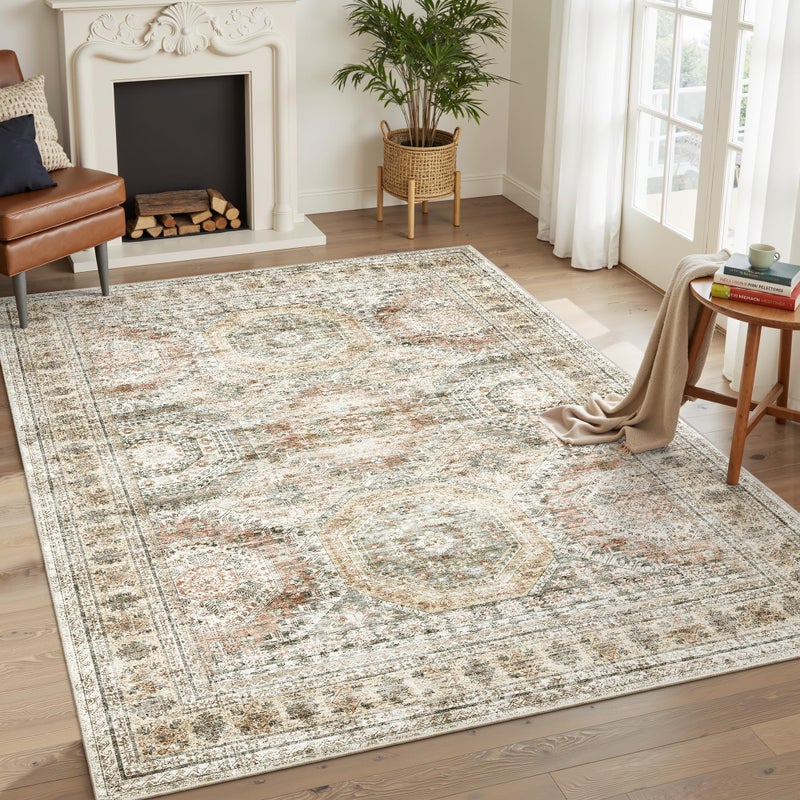 Soalmost 5x7 Area Rugs Brown Pink Low Pile Indoor Washable Trendy Faded Style Rugs for Bedroom Living Room Dining Room Foldable Non-Slip Thin Print Mat - Image 2