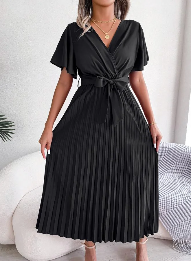 Take Two Black Pleated Maxi Dress with Tie-Belt