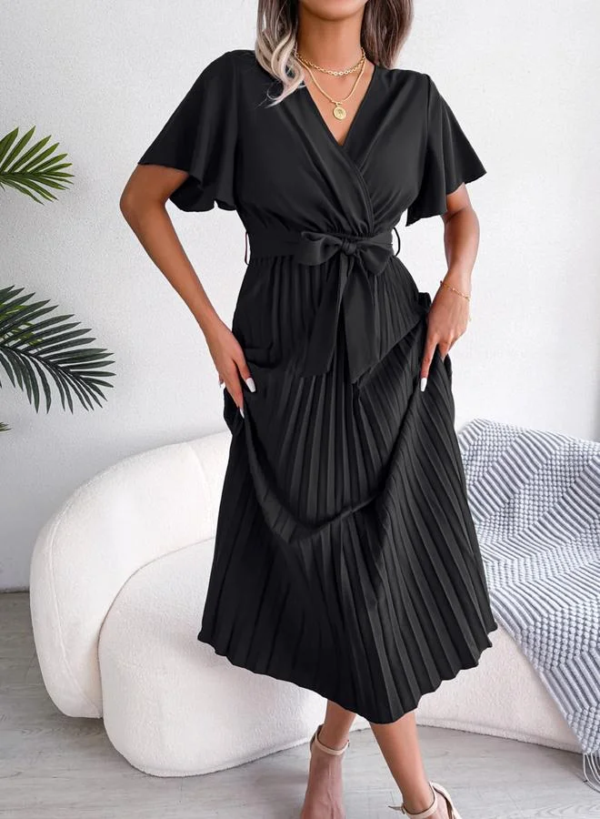 Take Two Black Pleated Maxi Dress with Tie-Belt