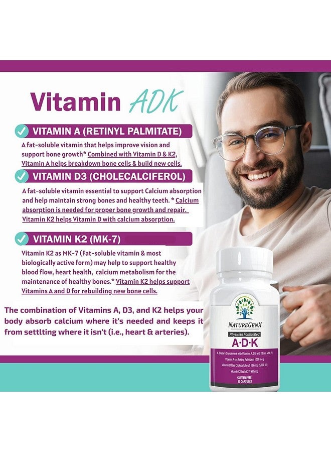 NatureGenX مكمل فيتامين NatureGenX ADK - صحة العظام المحسّنة مع فيتامينات A و D3 و K2 عالية الفعالية، خالي من الغلوتين، 60 كبسولة (عبوة من 2)  - Image 3