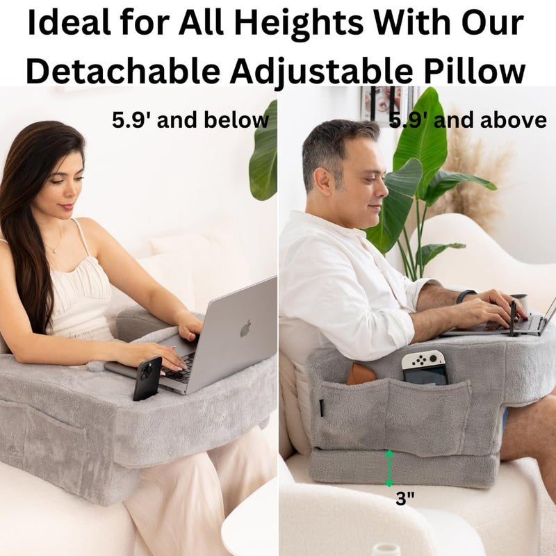 TabCouchCaddy Reading Pillow for Gaming â€“ Extra Large Lap Desk & Arm Rest with Cup & Phone Holder, Adjustable Heights, Laptop Support, Large Pockets â€“ Comfortable for Work, Gaming & Crocheting (Furry Grey) - Image 5