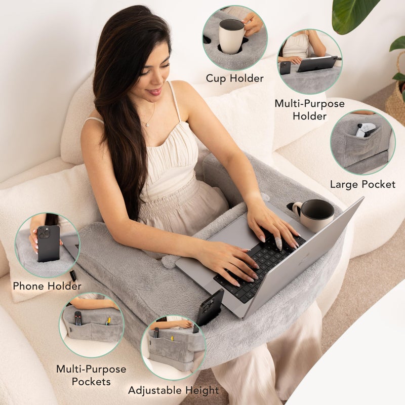 TabCouchCaddy Reading Pillow for Gaming â€“ Extra Large Lap Desk & Arm Rest with Cup & Phone Holder, Adjustable Heights, Laptop Support, Large Pockets â€“ Comfortable for Work, Gaming & Crocheting (Furry Grey) - Image 2