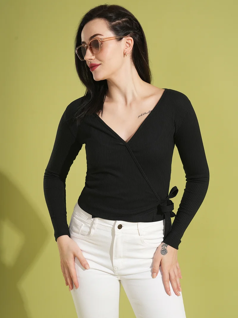 Women Self Design Rib Cotton Wrap Top
