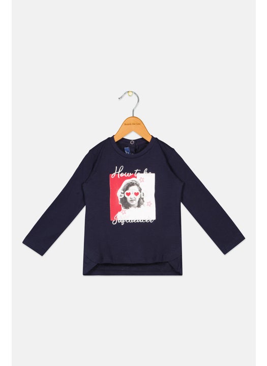 Toddler Girls Round Neck Long Sleeve Graphic Print Top, Navy Combo