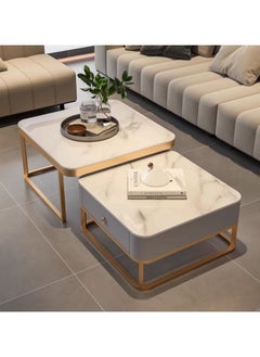 DubaiGallery Nesting Coffee Table Set of 2, Modern Side Table, Round Tempered Glass Marble Texture Stackable Coffee Tables, Living Room Sofa Table, Metal Frame, for Living Room Balcony Office  - Image 1