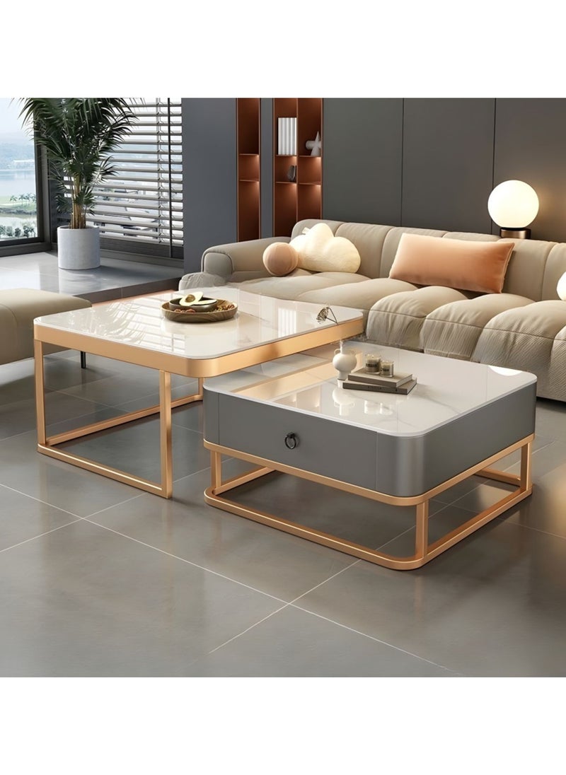 DubaiGallery - Nesting Coffee Table Set of 2, Modern Side Table, Round Tempered Glass Marble Texture Stackable Coffee Tables, Living Room Sofa Table, Metal Frame, for Living Room Balcony Office - Image 1