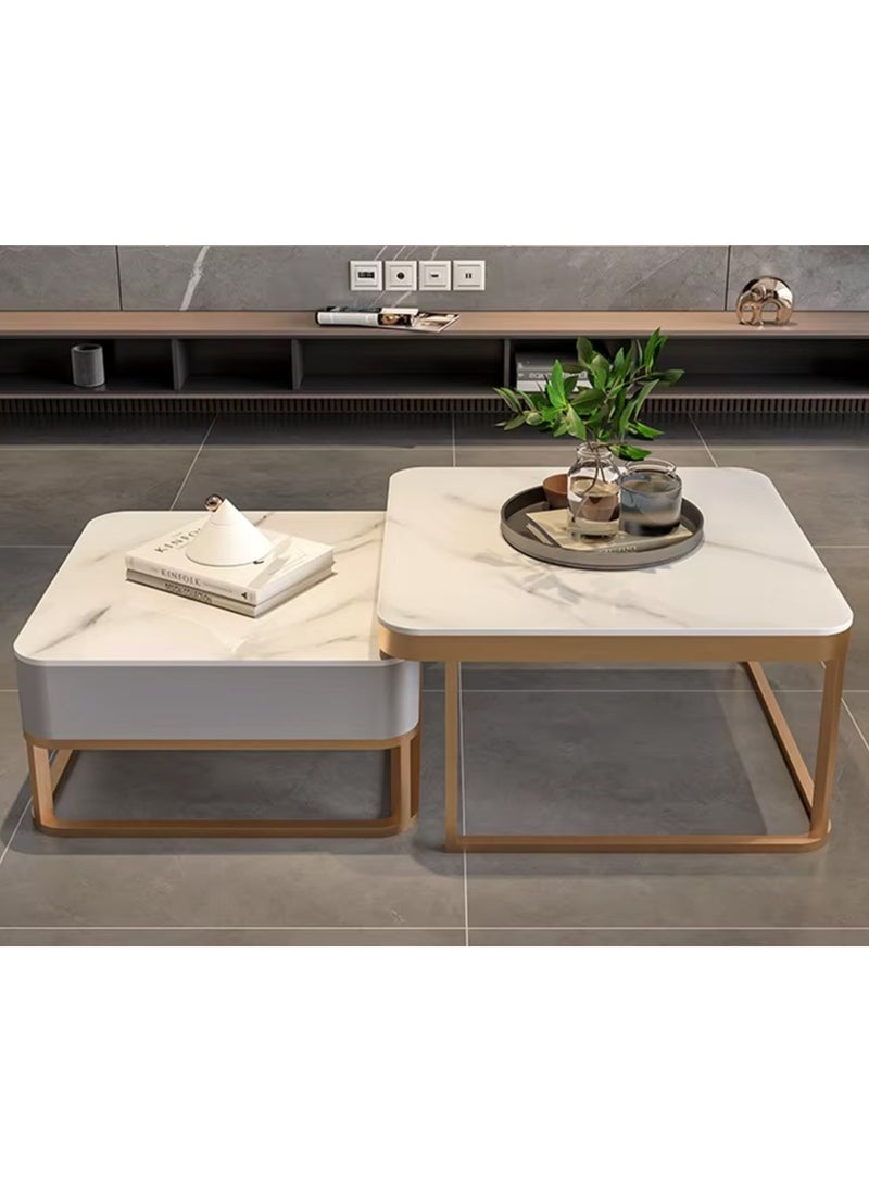 DubaiGallery - Nesting Coffee Table Set of 2, Modern Side Table, Round Tempered Glass Marble Texture Stackable Coffee Tables, Living Room Sofa Table, Metal Frame, for Living Room Balcony Office - Image 1