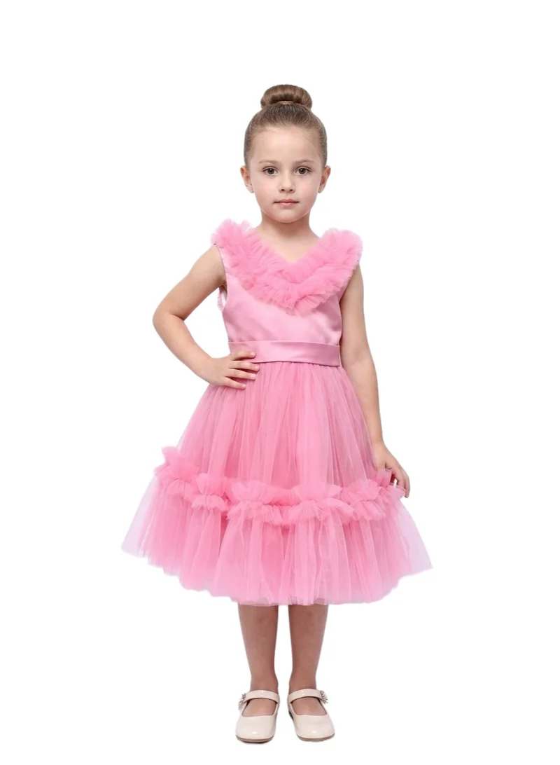 Bidani Girls' Tiered Tulle Ruffle Dress - Pink