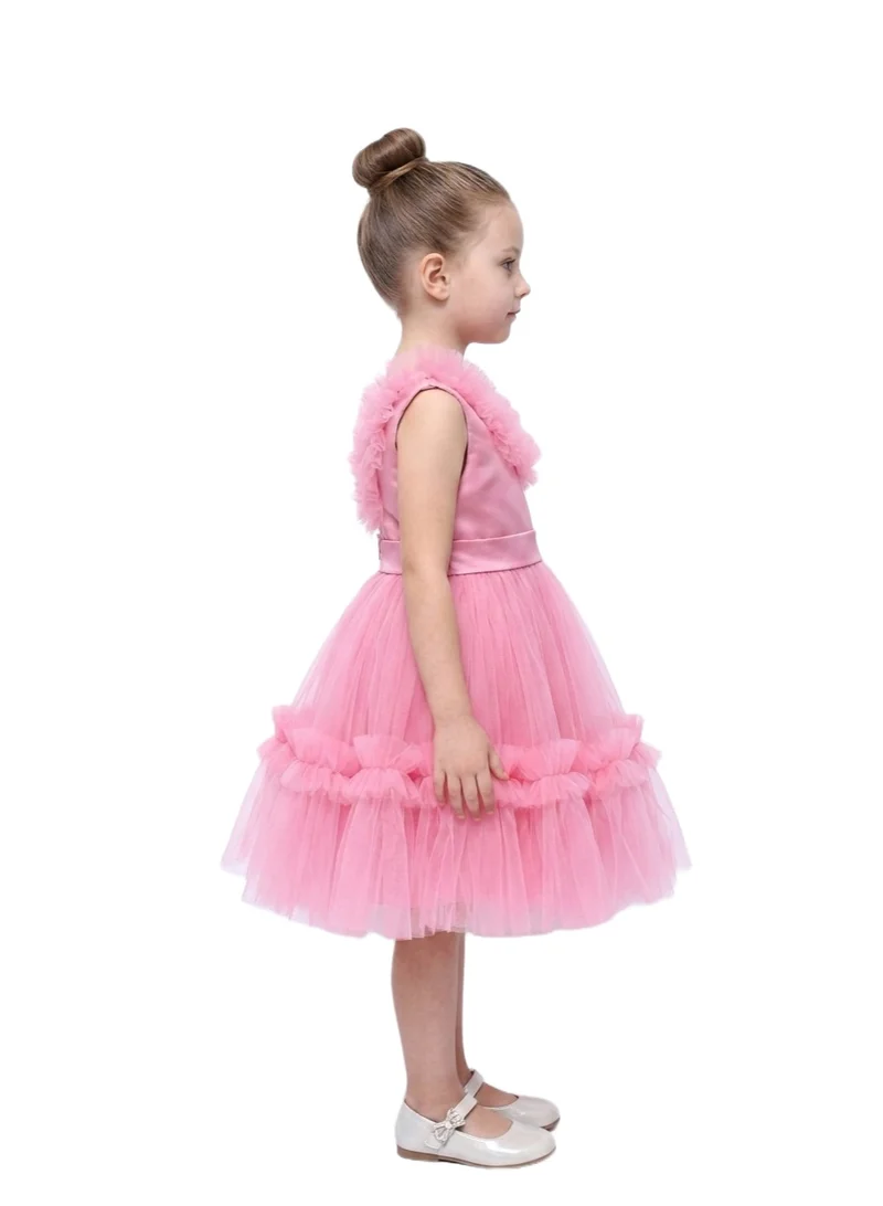 Bidani Girls' Tiered Tulle Ruffle Dress - Pink