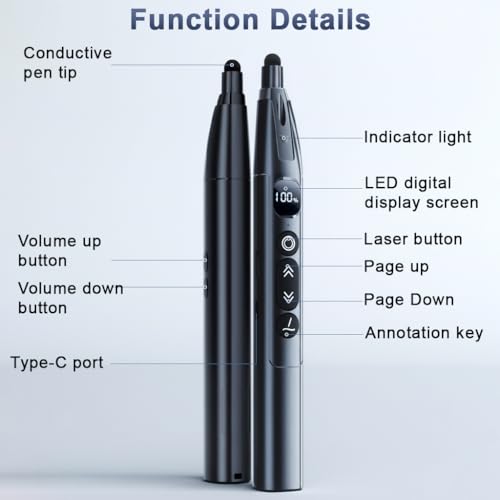 Climberty® 25.5'' Telescopic Remote Page Turner Pen with Touch Screen Tip & Laser, PPT Laser Clicker USB Rechargeable Wireless Presenter for Slideshows, Teaching & Office Presentations - Image 3