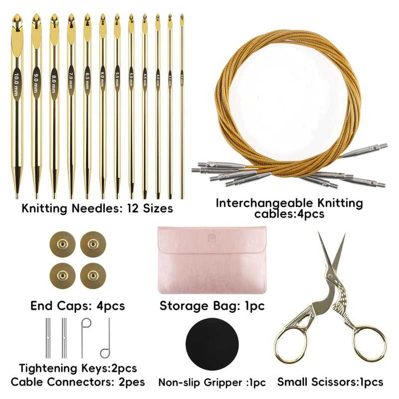 Froggod 27Pc Gold Plated Tunisian Crochet Hooks Set 3mm-10mm, Interchangeable Aluminum Crochet Hook with Cable, Long Crochet Hooks for Tunisian Crochet, Versatile Crochet Hook Set for Craft Enthusiasts - Image 2