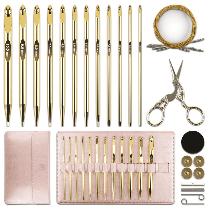 Froggod 27Pc Gold Plated Tunisian Crochet Hooks Set 3mm-10mm, Interchangeable Aluminum Crochet Hook with Cable, Long Crochet Hooks for Tunisian Crochet, Versatile Crochet Hook Set for Craft Enthusiasts - Image 1