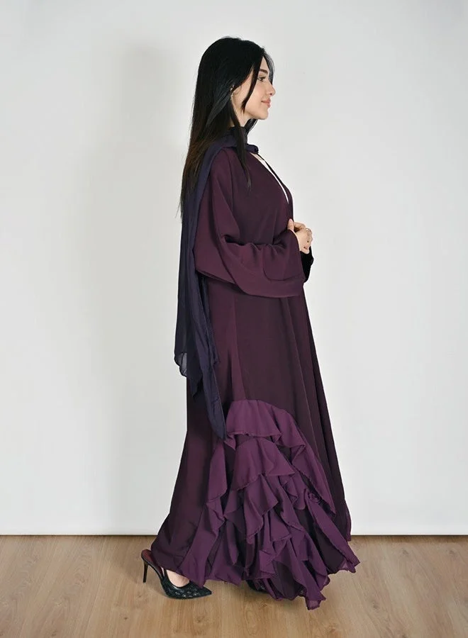 Hawraa Abaya Purple Wrap Abaya with Multi-Layer Chiffon Ruffles on the Sides