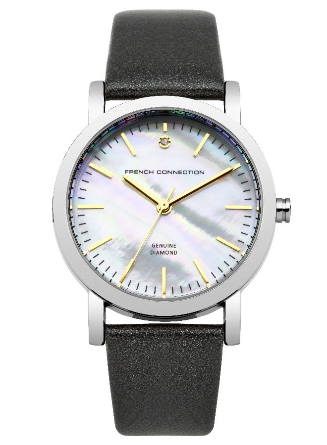 French Connection Men's White Mother-of-Pearl Dial Black Leather Strap Analog Watch 33mm - Image 1